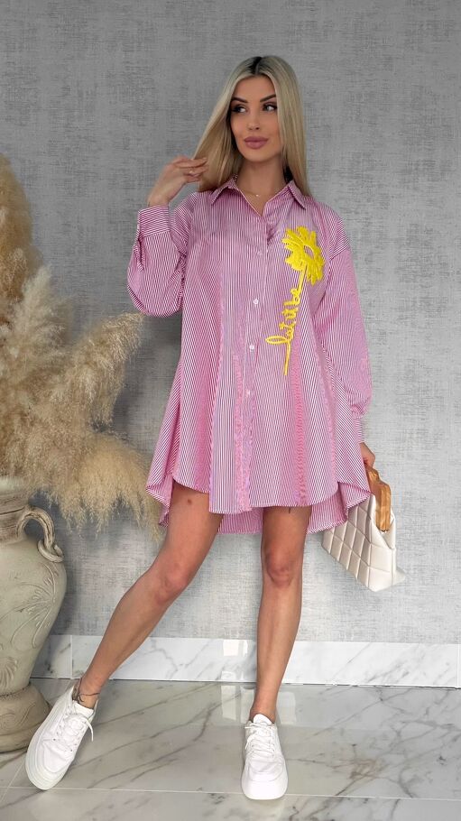Czerwona koszula OVERSIZE w paski z żółtym kwiatem ONE SIZE - R900