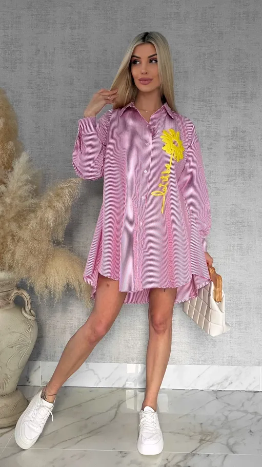 Czerwona koszula OVERSIZE w paski z żółtym kwiatem ONE SIZE - R900