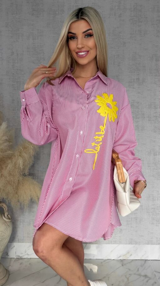 Czerwona koszula OVERSIZE w paski z żółtym kwiatem ONE SIZE - R900