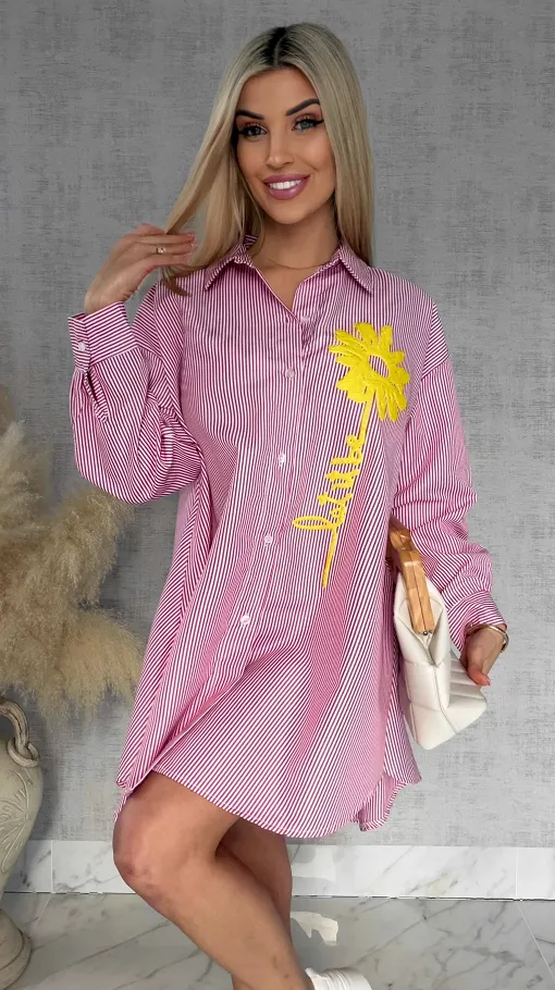 Czerwona koszula OVERSIZE w paski z żółtym kwiatem ONE SIZE - R900