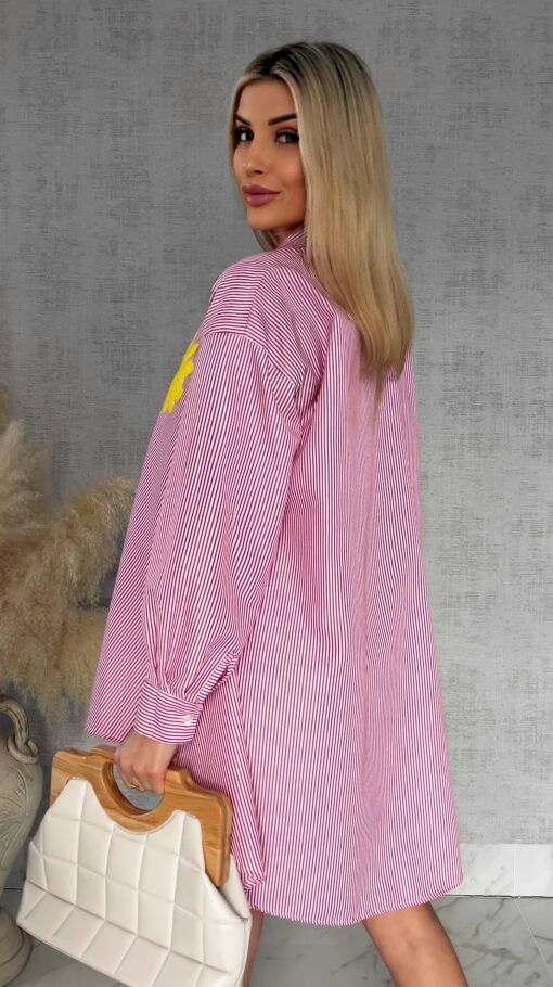Czerwona koszula OVERSIZE w paski z żółtym kwiatem ONE SIZE - R900