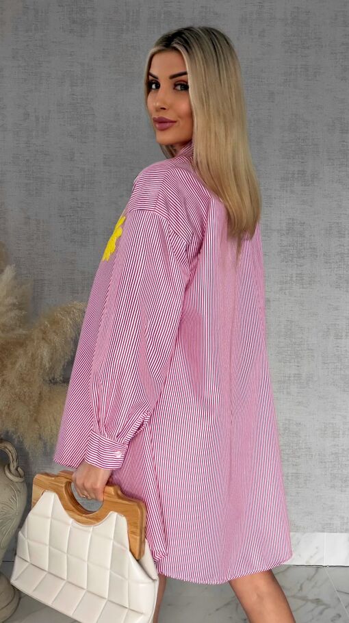 Czerwona koszula OVERSIZE w paski z żółtym kwiatem ONE SIZE - R900