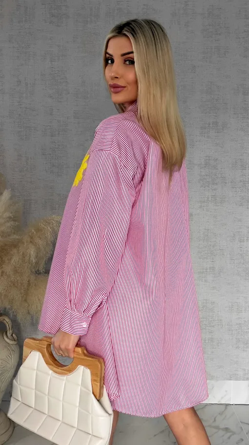 Czerwona koszula OVERSIZE w paski z żółtym kwiatem ONE SIZE - R900