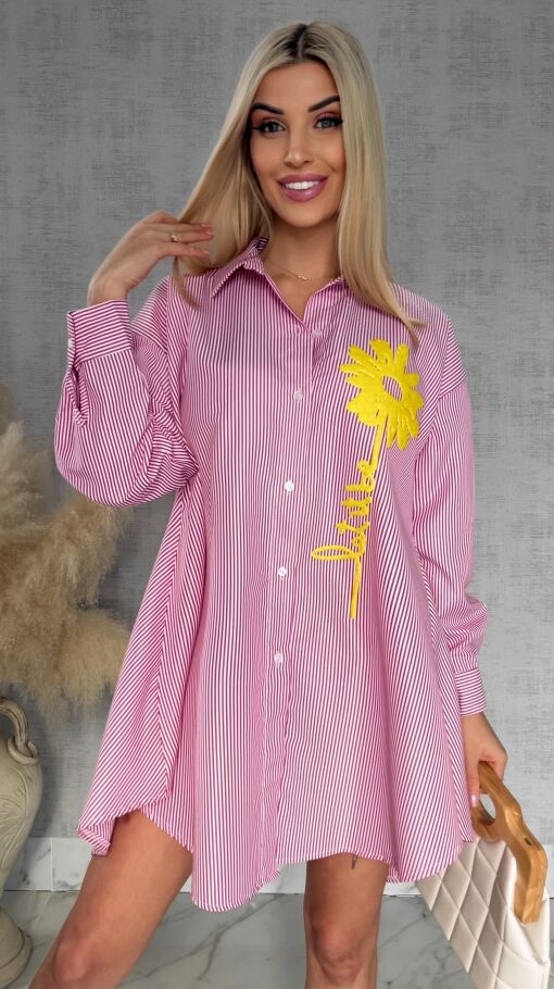 Czerwona koszula OVERSIZE w paski z żółtym kwiatem ONE SIZE - R900