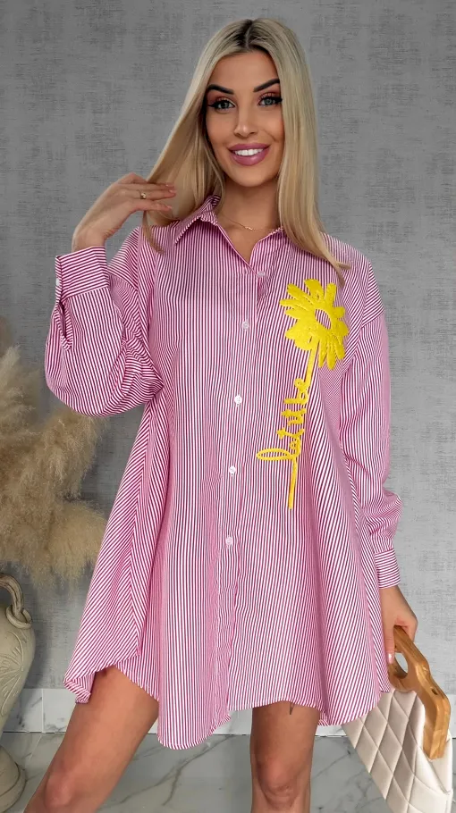 Czerwona koszula OVERSIZE w paski z żółtym kwiatem ONE SIZE - R900