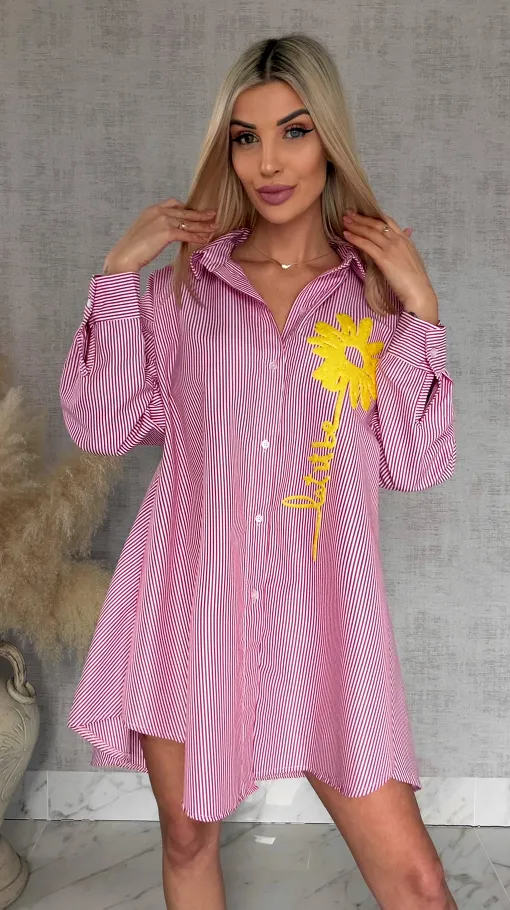 Czerwona koszula OVERSIZE w paski z żółtym kwiatem ONE SIZE - R900