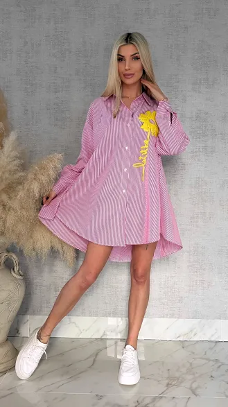 Czerwona koszula OVERSIZE w paski z żółtym kwiatem ONE SIZE - R900