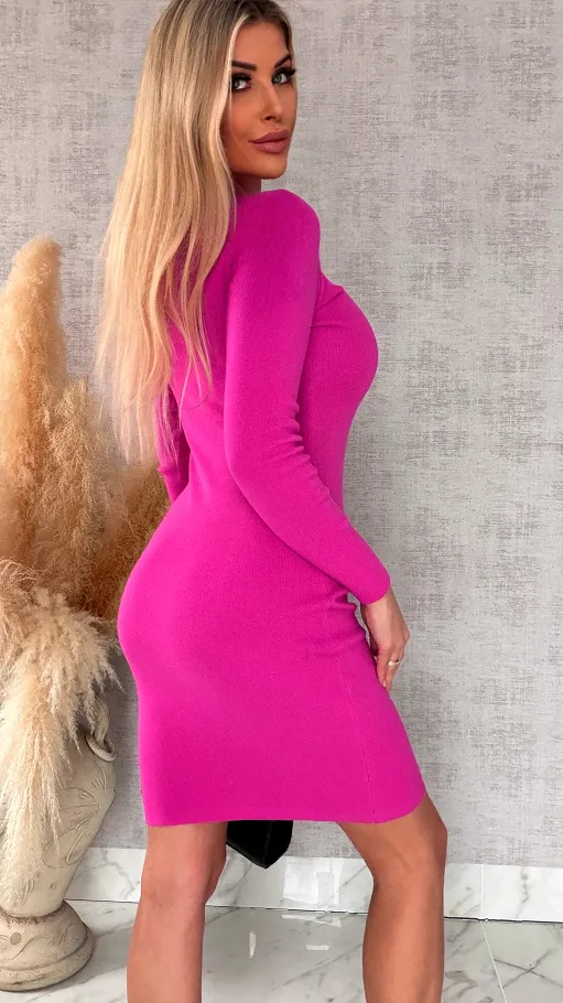 Elastyczna dzianinowa sukienka z cyrkoniami ONE SIZE fuksja - R575