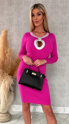 Elastyczna dzianinowa sukienka z cyrkoniami ONE SIZE fuksja - R575