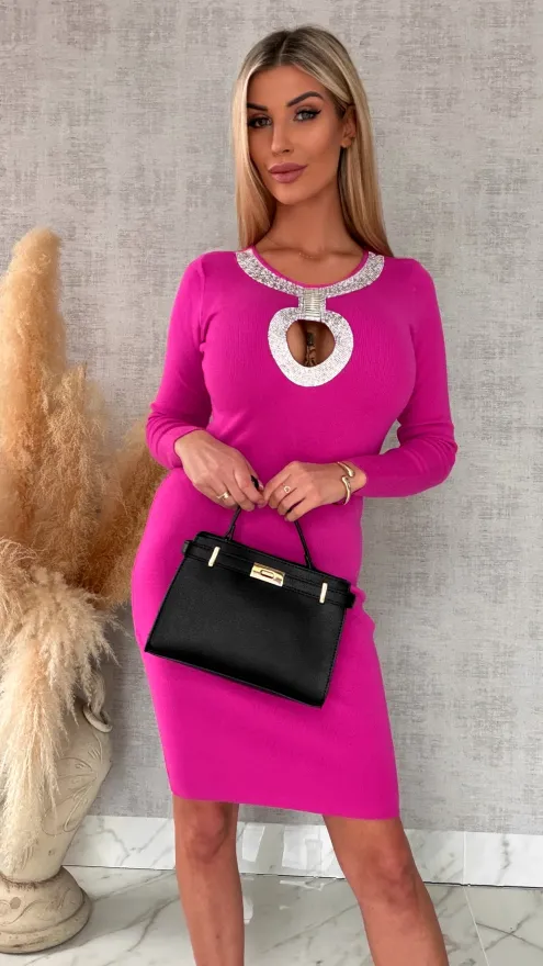 Elastyczna dzianinowa sukienka z cyrkoniami ONE SIZE fuksja - R575