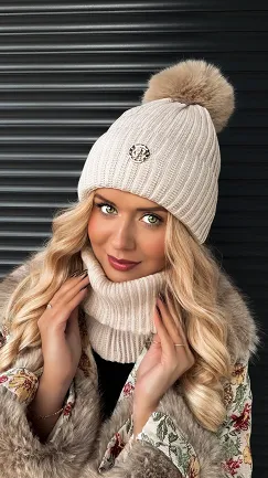 Beżowy komplet zimowy czapka + komin Produkt Polski - R293
