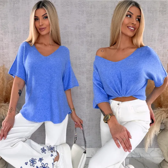 Wiosenny sweter z krótkimi rękawami w serek BLUE - R662B