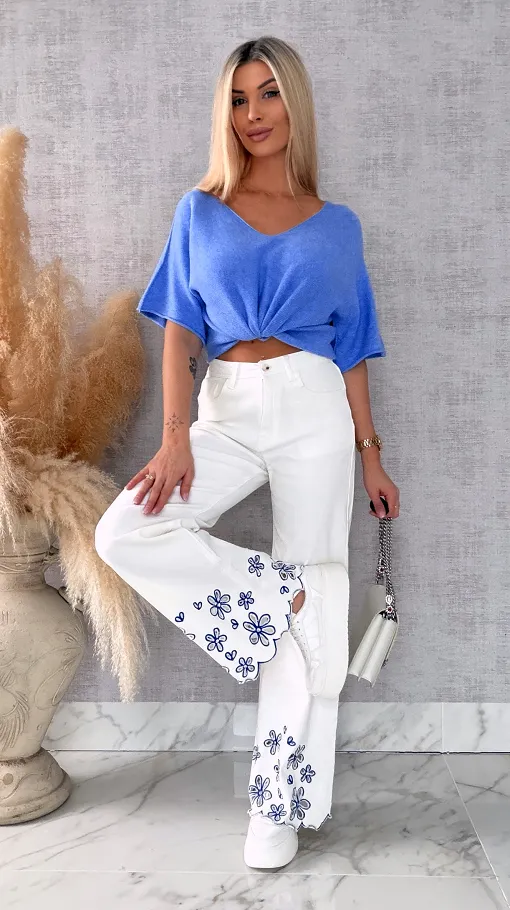 Wiosenny sweter z krótkimi rękawami w serek BLUE - R662B