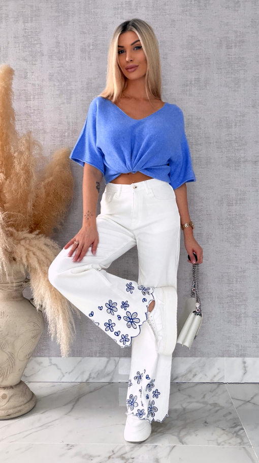 Wiosenny sweter z krótkimi rękawami w serek BLUE - R662B