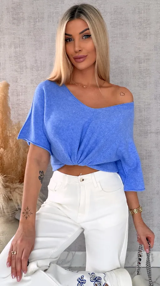 Wiosenny sweter z krótkimi rękawami w serek BLUE - R662B