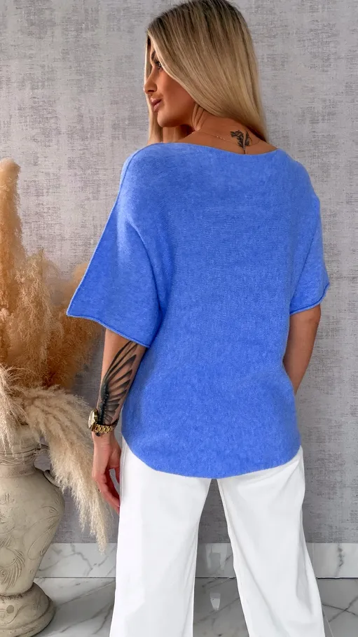 Wiosenny sweter z krótkimi rękawami w serek BLUE - R662B