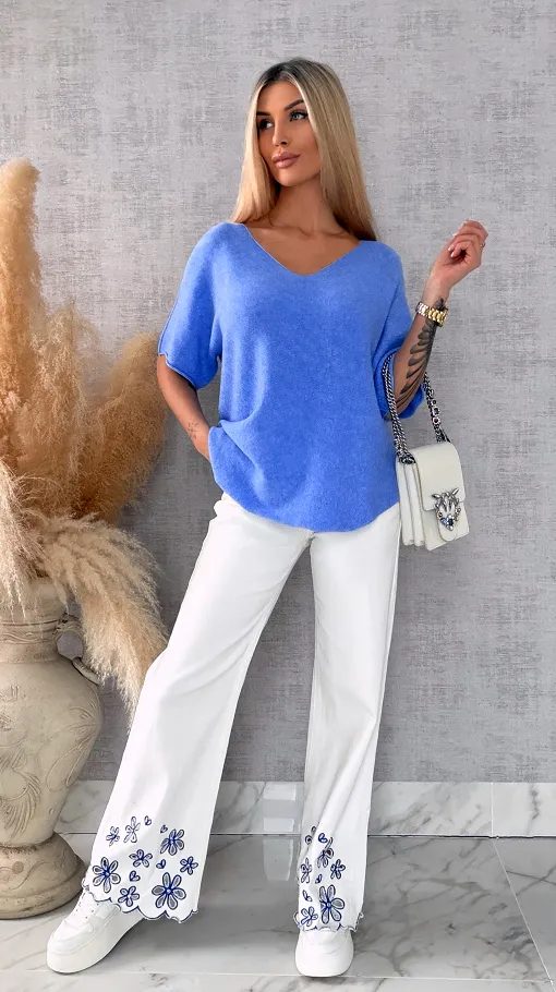 Wiosenny sweter z krótkimi rękawami w serek BLUE - R662B