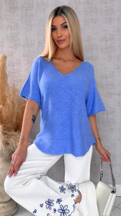 Wiosenny sweter z krótkimi rękawami w serek BLUE - R662B