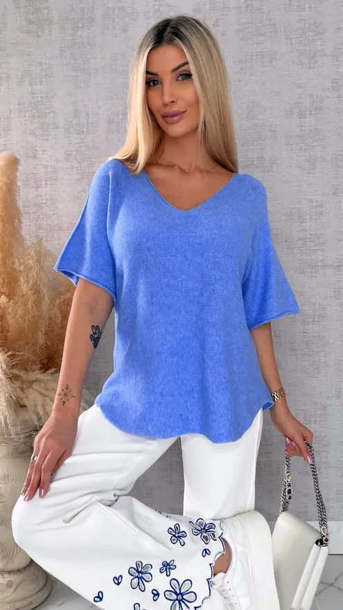 Wiosenny sweter z krótkimi rękawami w serek BLUE - R662B