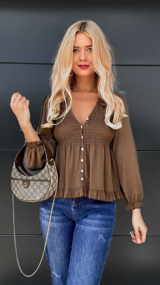 Piękna brązowa bluzka na guziki ONE SIZE 100% wiskoza - P971A