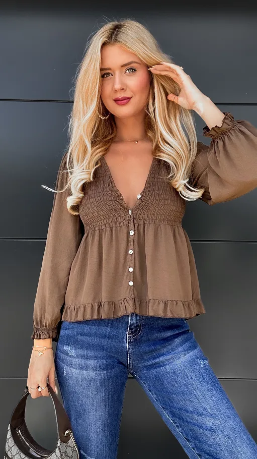 Piękna brązowa bluzka na guziki ONE SIZE 100% wiskoza - P971A