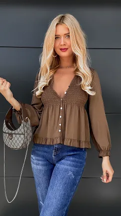 Piękna brązowa bluzka na guziki ONE SIZE 100% wiskoza - P971A