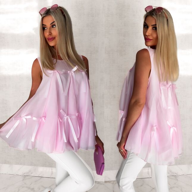 Jedwabna bluzka bombka w kokardki PINK one size - S051