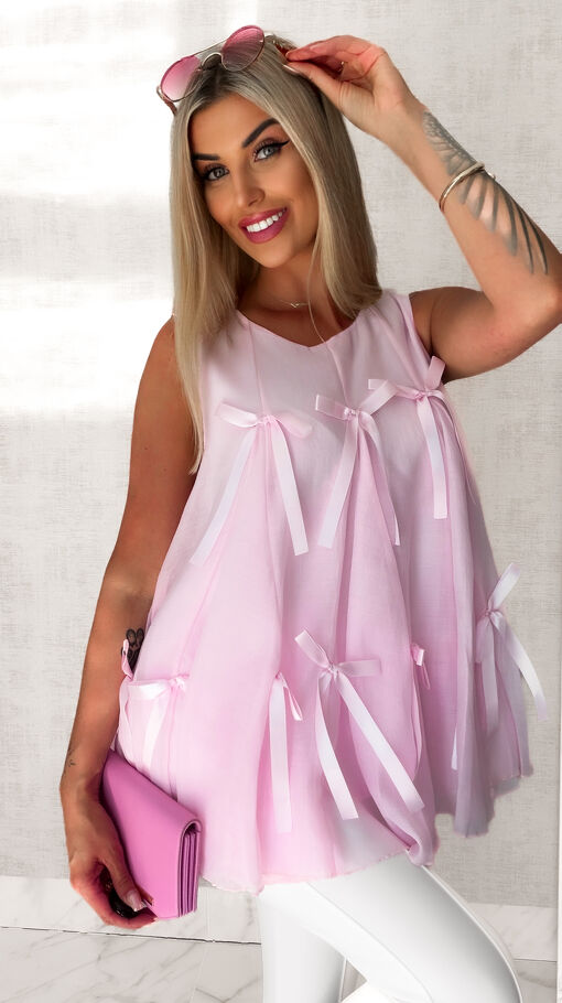 Jedwabna bluzka bombka w kokardki PINK one size - S051