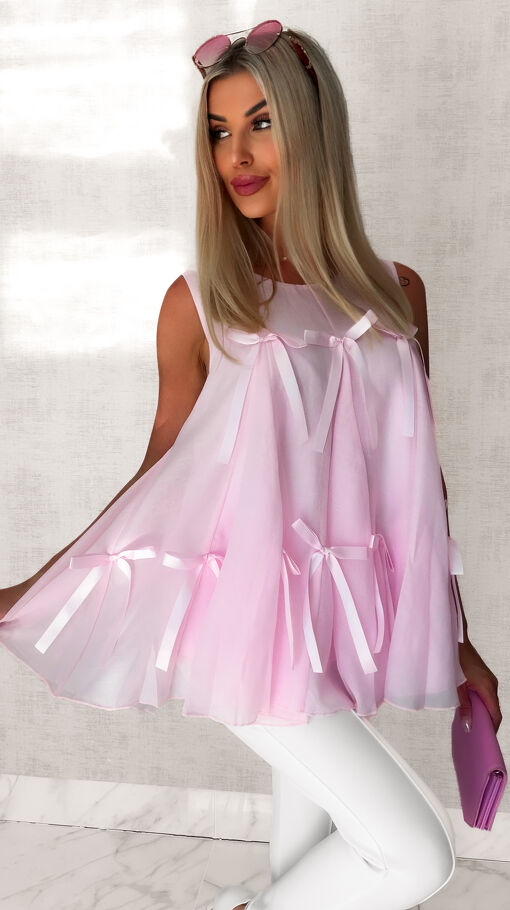 Jedwabna bluzka bombka w kokardki PINK one size - S051