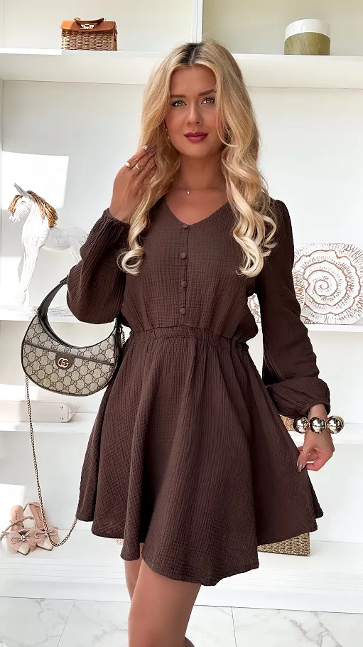 Czekoladowa muślinowa sukienka z długim rękawem ONE SIZE - P880