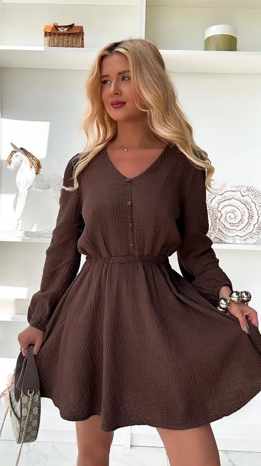 Czekoladowa muślinowa sukienka z długim rękawem ONE SIZE - P880