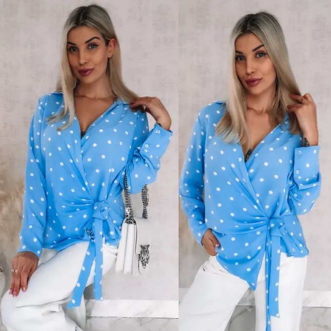 Wiosenna kopertowa bluzka w grochy ONE SIZE blue - R898