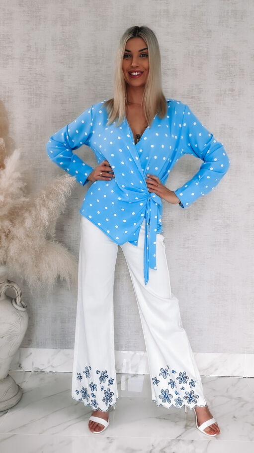 Wiosenna kopertowa bluzka w grochy ONE SIZE blue - R898
