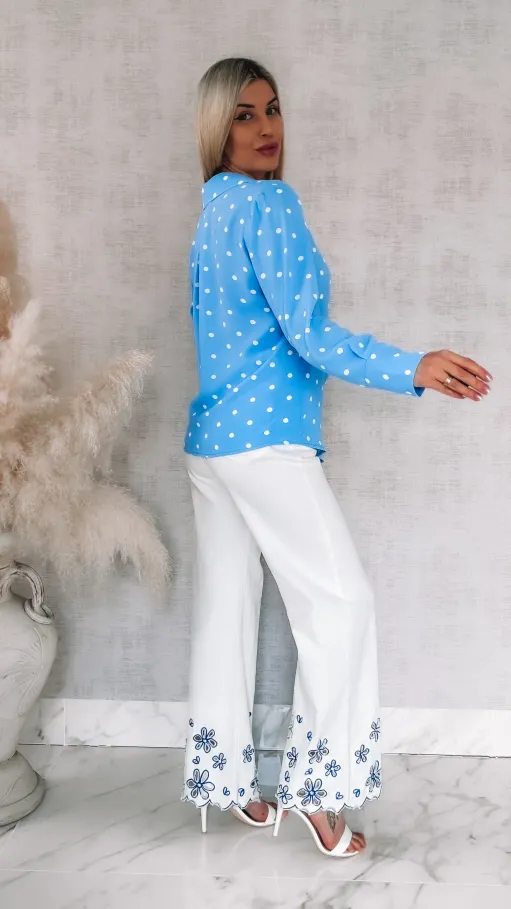 Wiosenna kopertowa bluzka w grochy ONE SIZE blue - R898