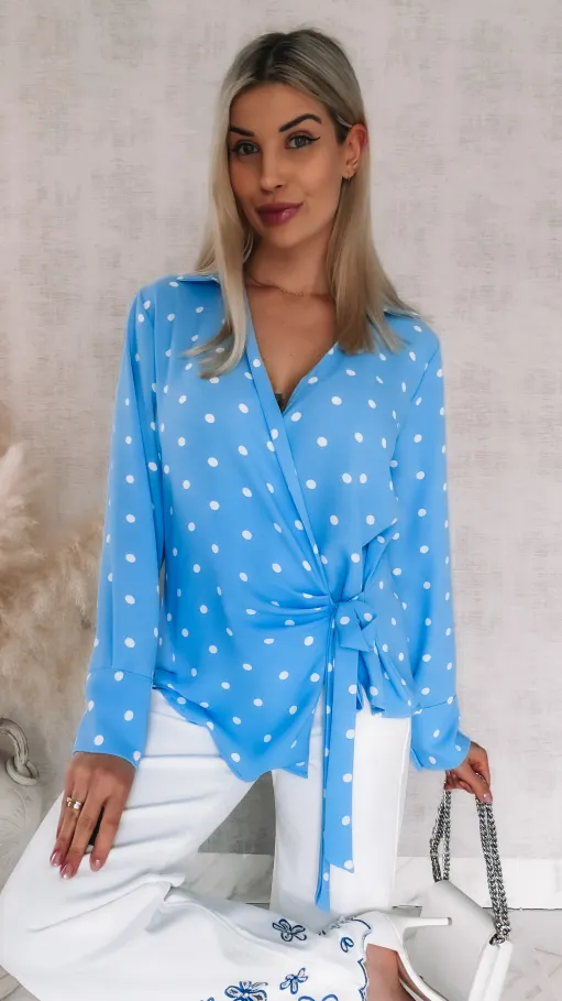 Wiosenna kopertowa bluzka w grochy ONE SIZE blue - R898