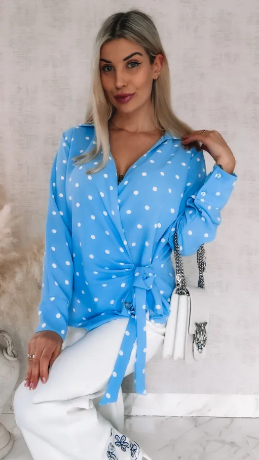 Wiosenna kopertowa bluzka w grochy ONE SIZE blue - R898