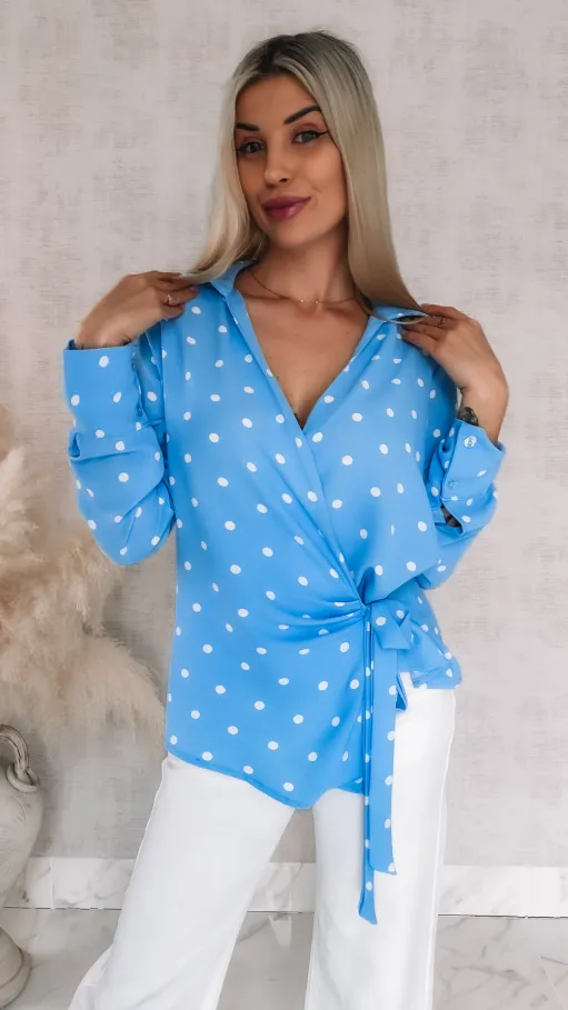 Wiosenna kopertowa bluzka w grochy ONE SIZE blue - R898