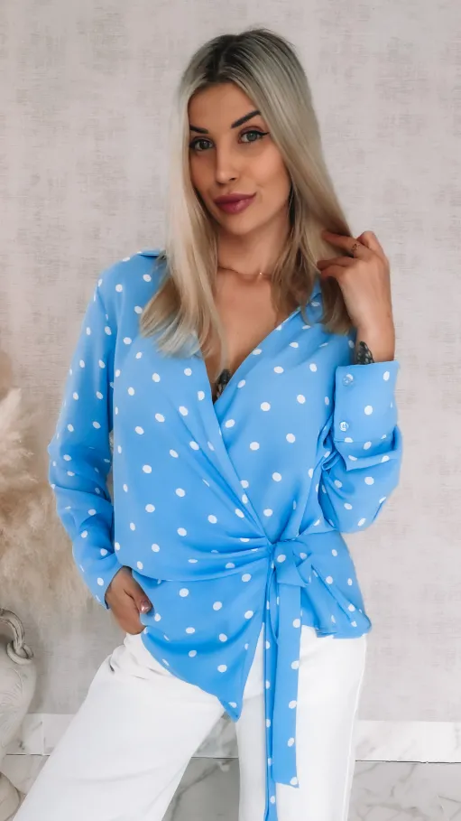 Wiosenna kopertowa bluzka w grochy ONE SIZE blue - R898