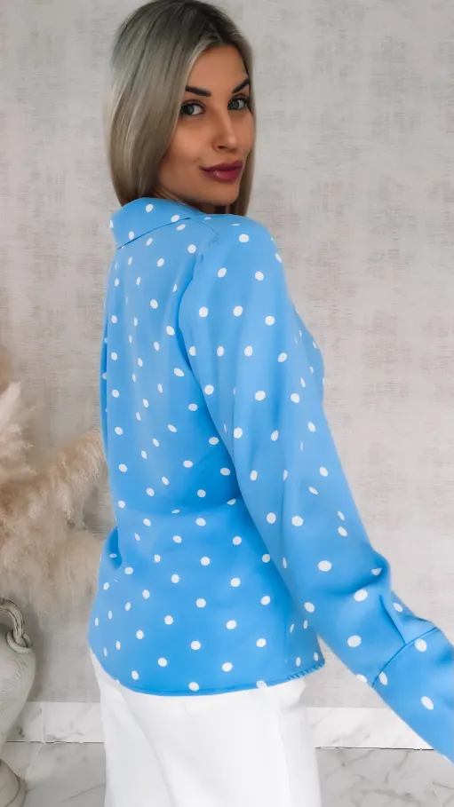 Wiosenna kopertowa bluzka w grochy ONE SIZE blue - R898