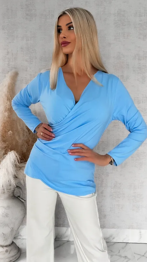 Elegancka niebieska bluzka z kopertowym dekoltem ONE SIZE - R533