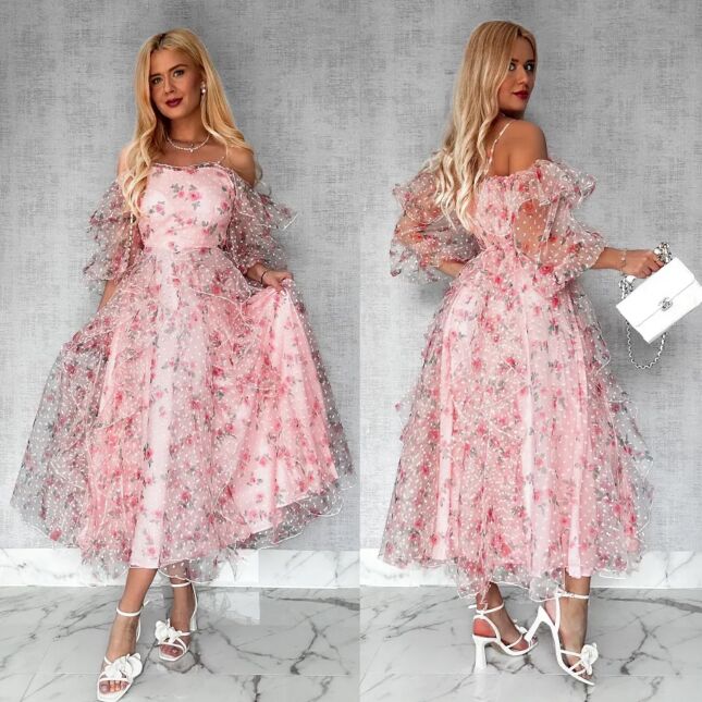 Cudowna różowa sukienka tiulowa cała w kwiaty - R422