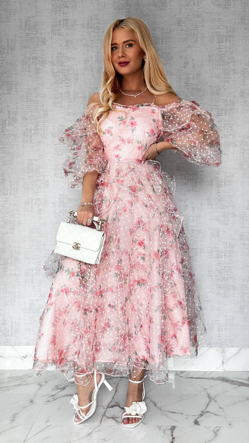 Cudowna różowa sukienka tiulowa cała w kwiaty - R422