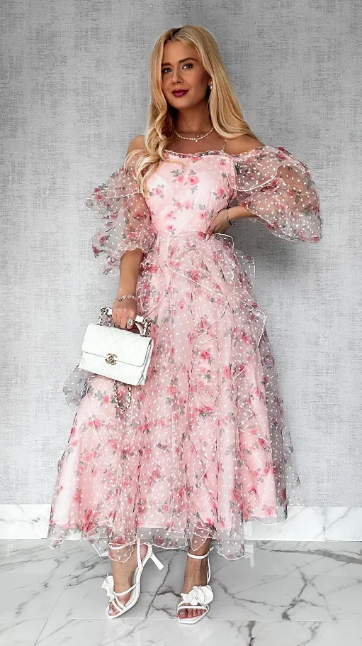 Cudowna różowa sukienka tiulowa cała w kwiaty - R422