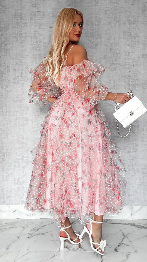 Cudowna różowa sukienka tiulowa cała w kwiaty - R422
