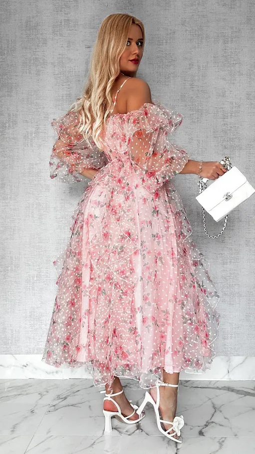 Cudowna różowa sukienka tiulowa cała w kwiaty - R422