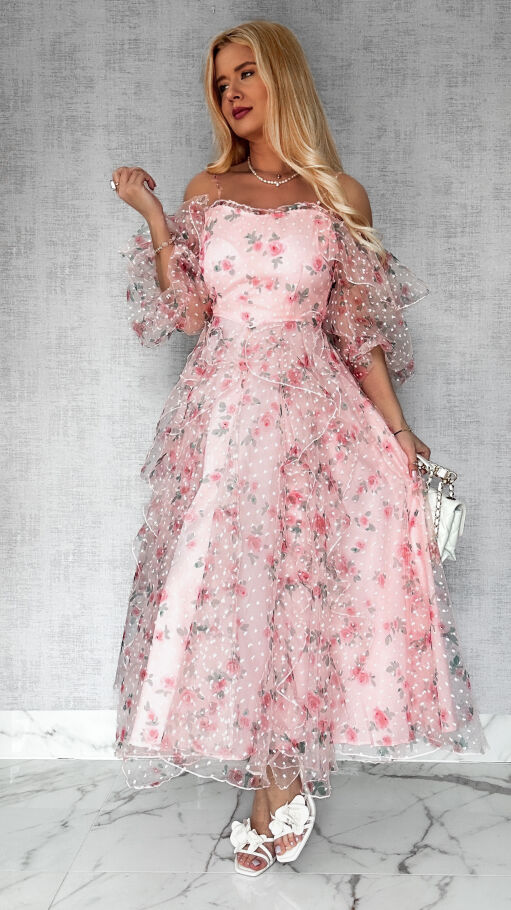 Cudowna różowa sukienka tiulowa cała w kwiaty - R422