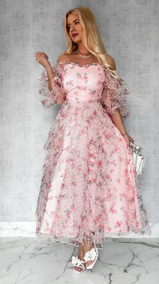 Cudowna różowa sukienka tiulowa cała w kwiaty - R422