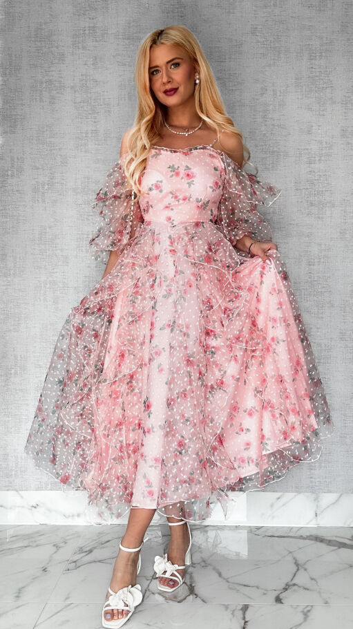 Cudowna różowa sukienka tiulowa cała w kwiaty - R422