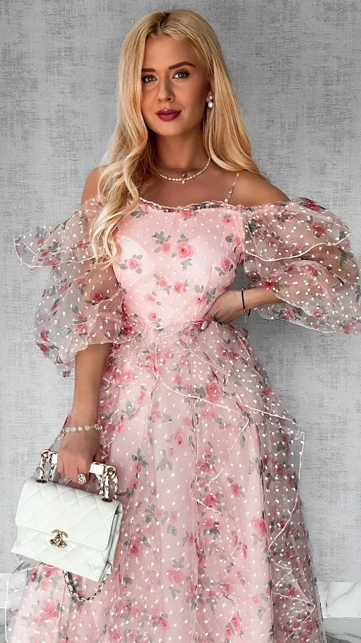 Cudowna różowa sukienka tiulowa cała w kwiaty - R422