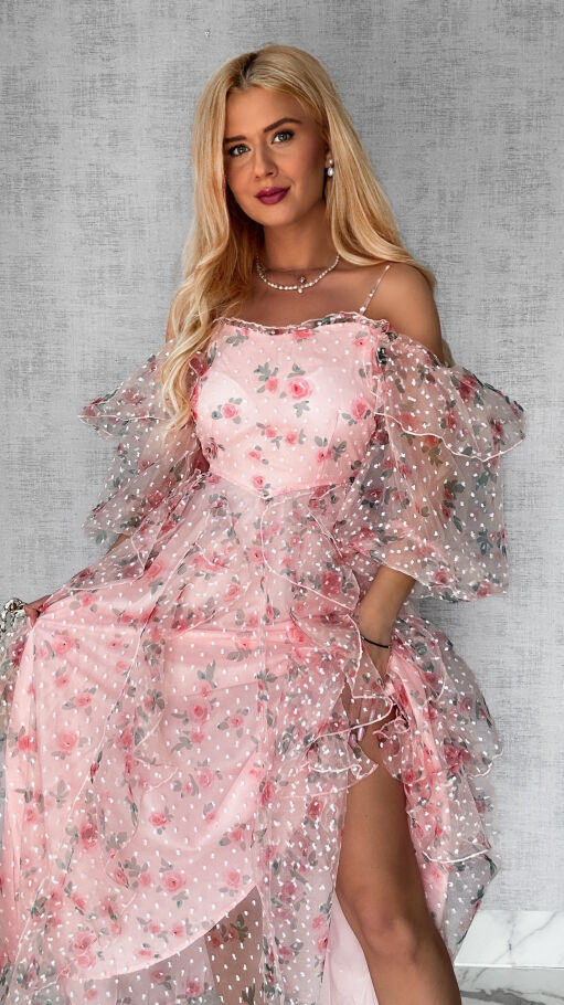 Cudowna różowa sukienka tiulowa cała w kwiaty - R422